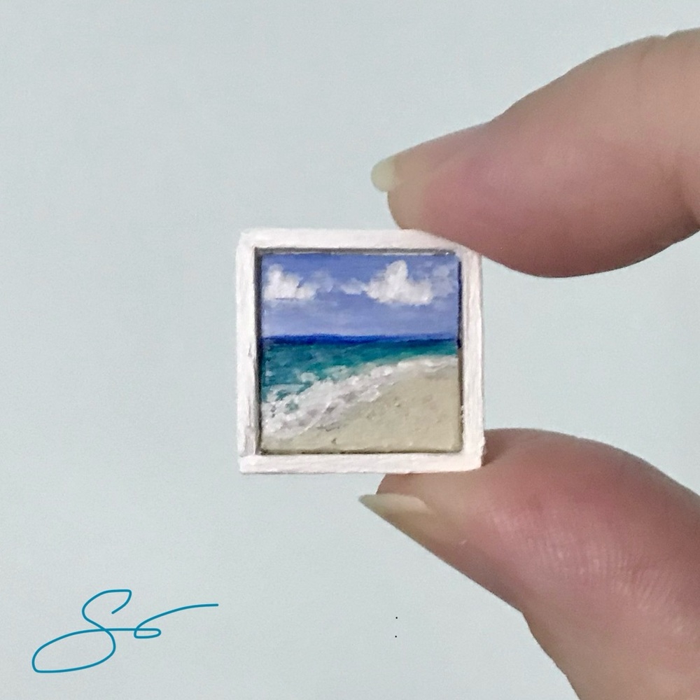Original Micro Mini Beach Painting in White Frame